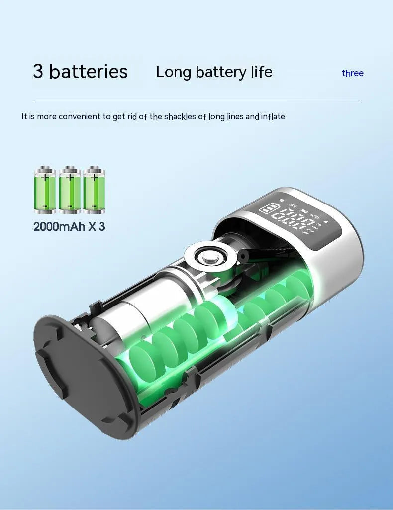 Black portable wireless smart vehicle air pump with a display, inflation tube, and multiple nozzles on a dark background.