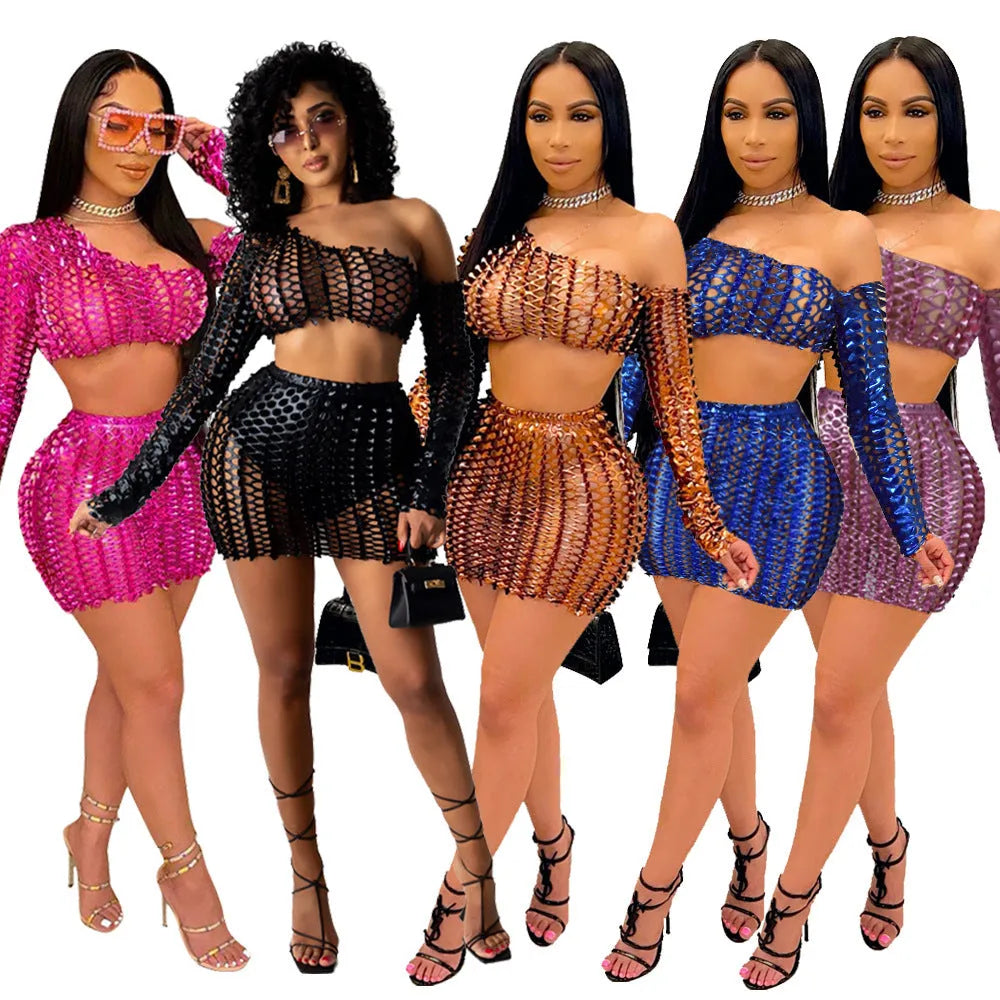 Women's hollow-out net two-piece dress set with sleeveless top and short skirt in European style