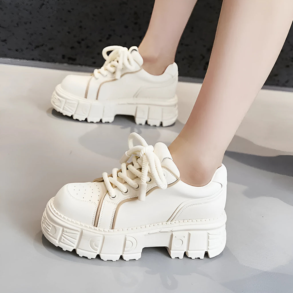 Beige leather casual shoes with muffin bottom spring design for height increase