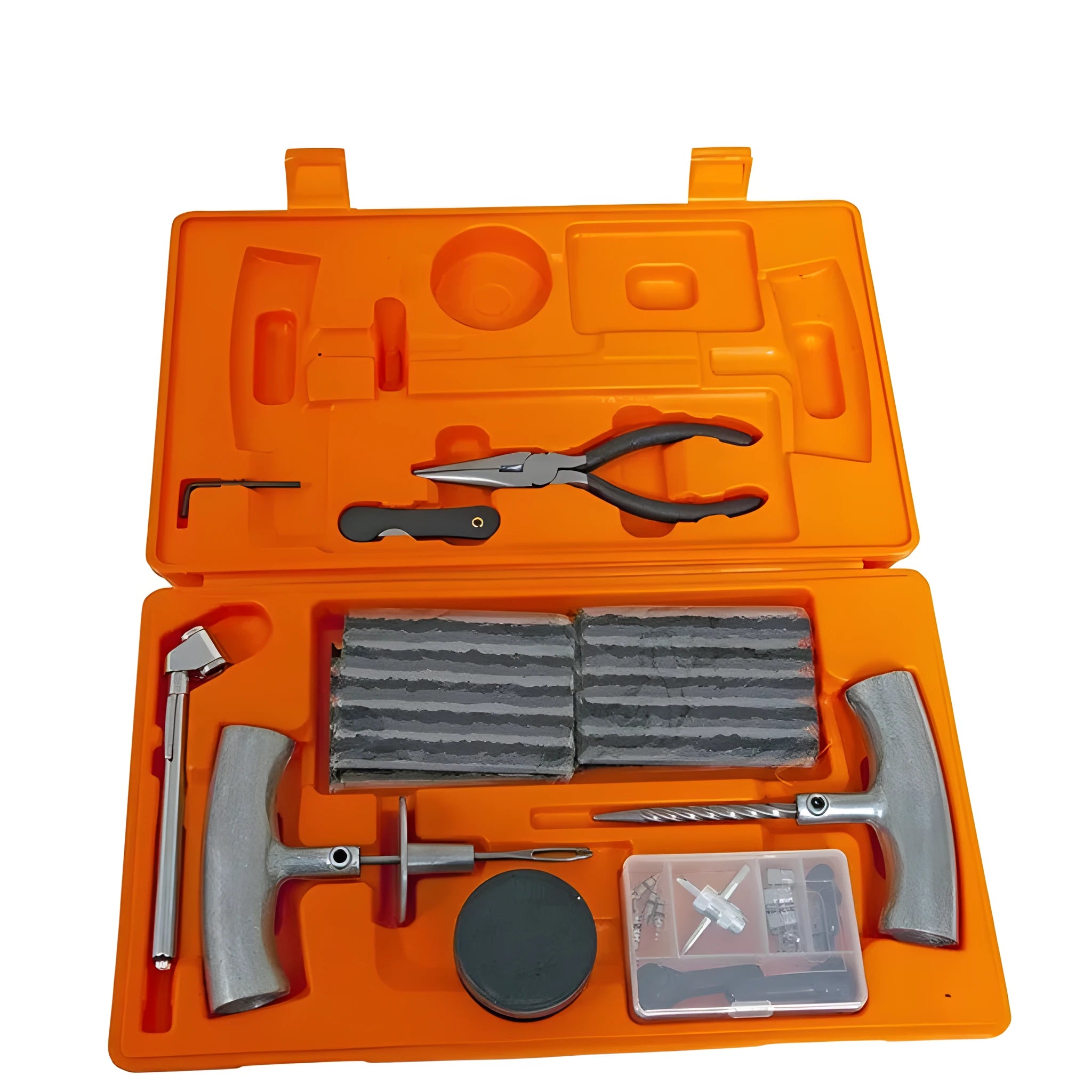 Emergency car tyre repair tool set with rubber strips, pressure gauge, and metal tools in a yellow case.