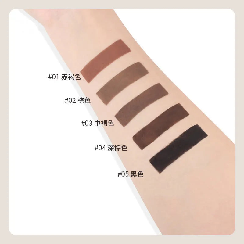 Double-headed eyebrow cream with pencil and powder ends showing five brown shade options