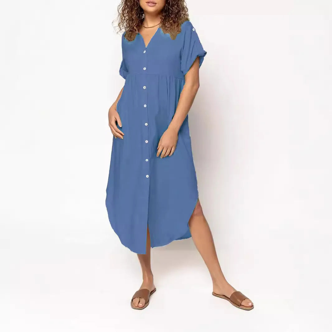 Women's casual button front mid-length dress in solid colour with regular sleeves and loose fit
