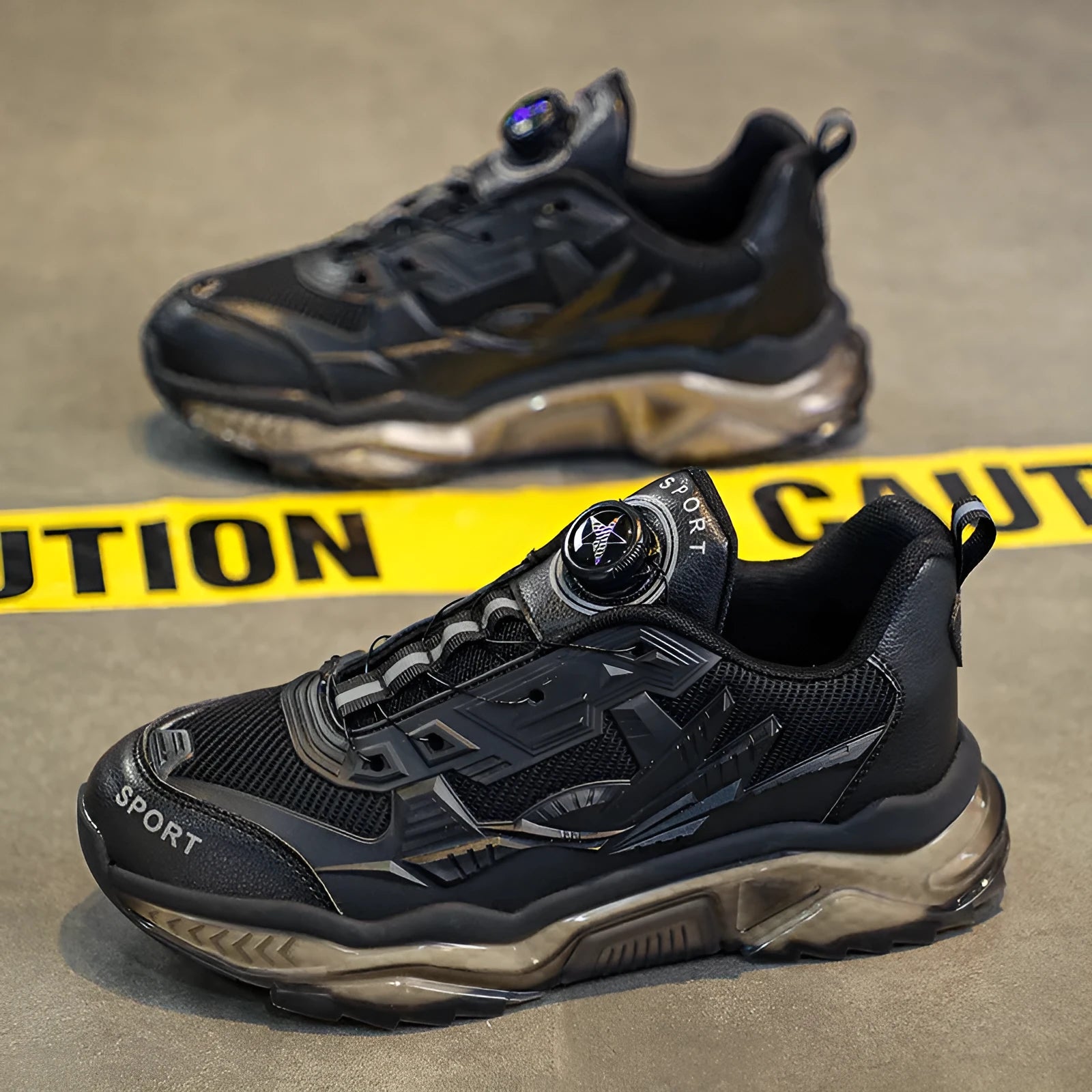 Men's black rotating button dad shoes with mesh upper and platform sole