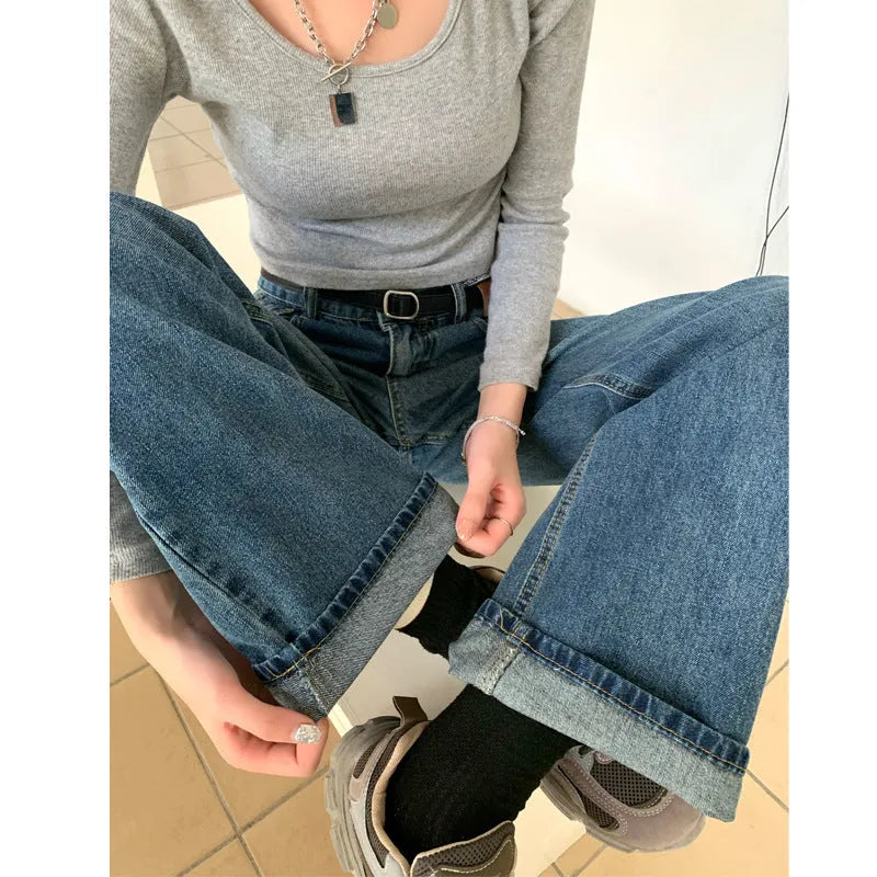 Women's retro blue straight-leg jeans with high waist in three length variations