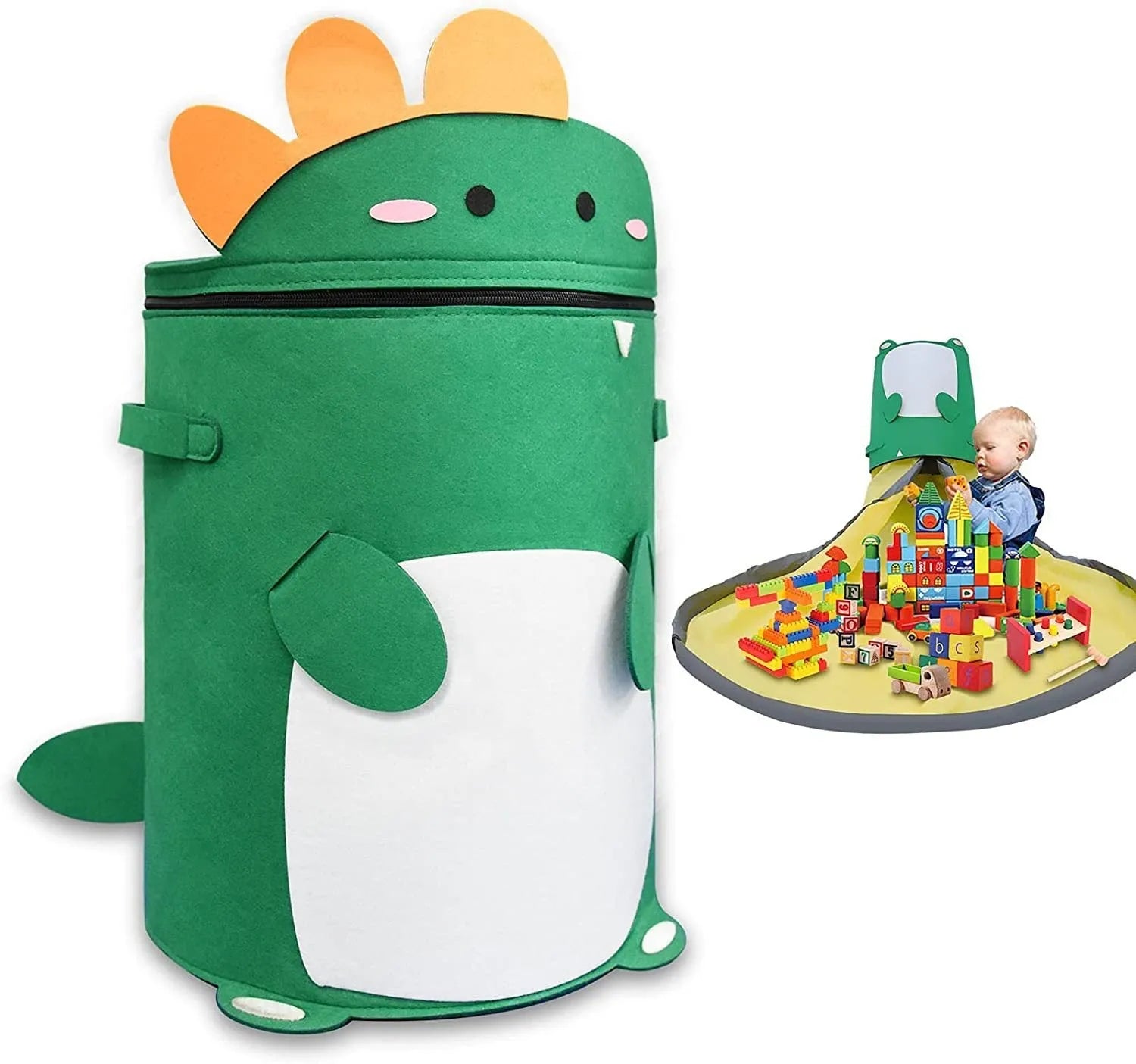 Green felt cube storage bag open as play mat with toys inside and pull rope visible