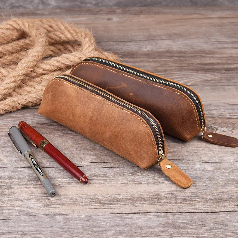 Genuine cowhide leather handmade square pencil and glasses case with zipper, in black.