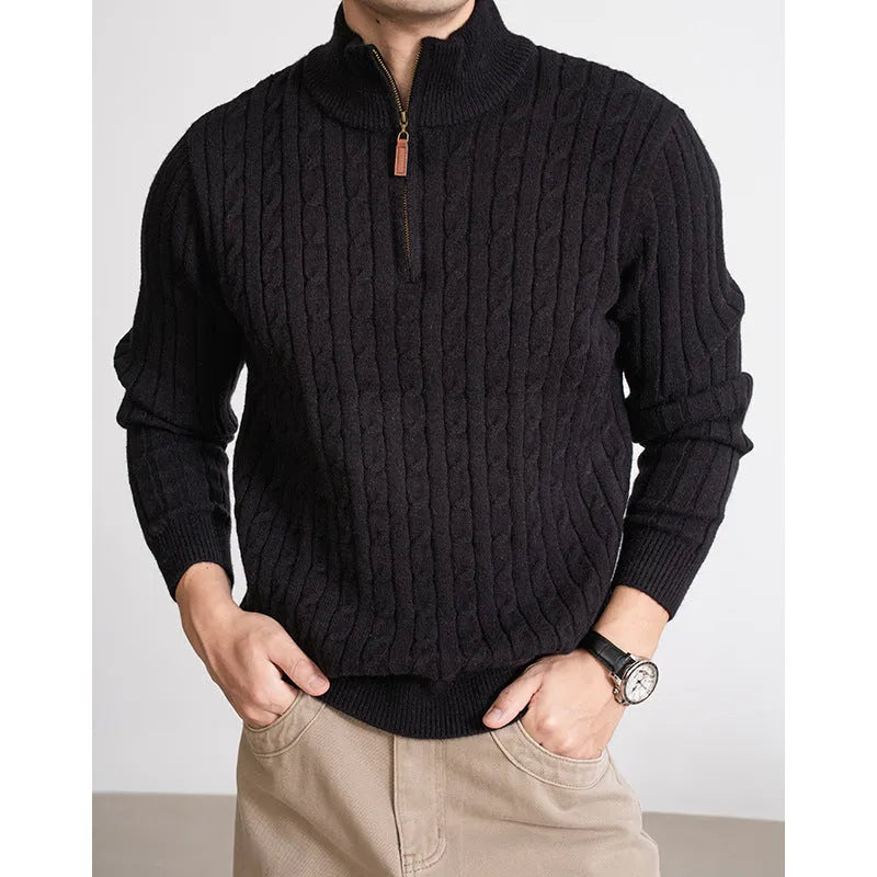 Men's solid colour half-height zip twisted sweater in oatmeal, long sleeves, cotton blend