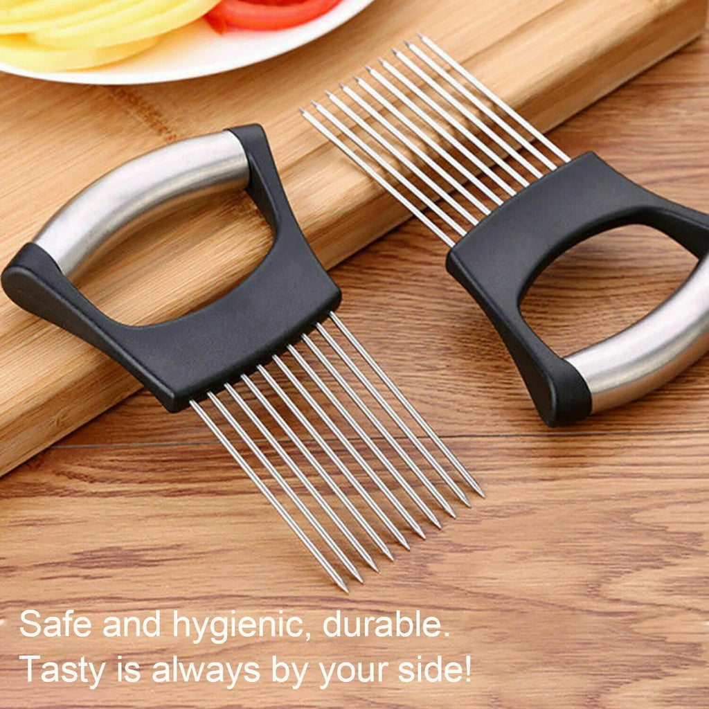 Stainless steel and ABS food slice assistant measuring 14cm by 9.5cm for holding vegetables during kitchen preparation