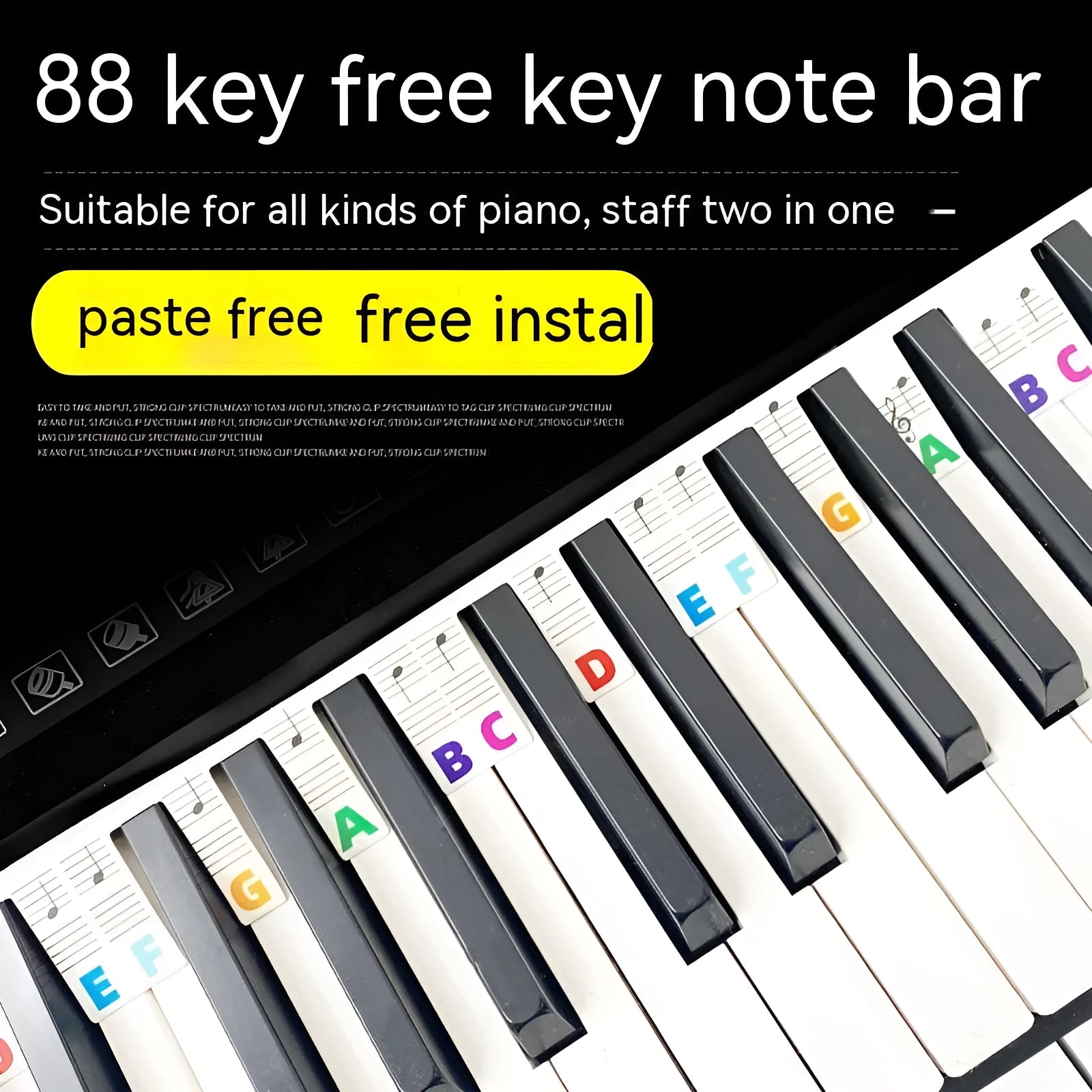 Set of white cardboard piano keyboard stickers showing colour note bars and black letter labels for 88 keys.