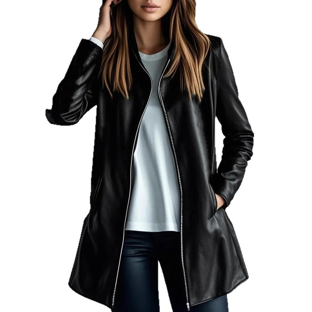 Women's black polyester leather-style jacket with long sleeves and medium length
