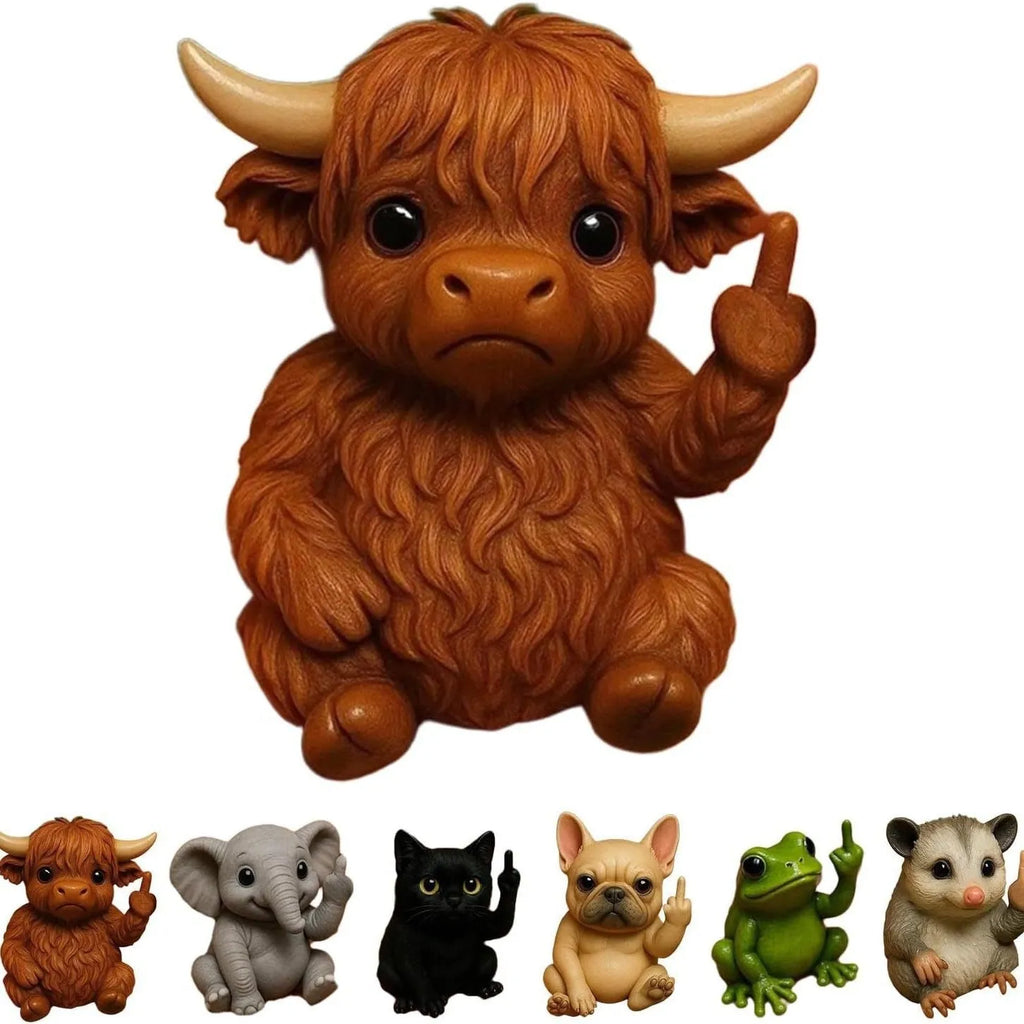 Mini resin animal doll ornament in a vertical middle finger pose, styles include cat, dog, and elephant.