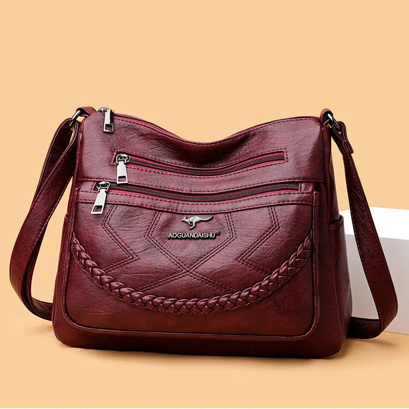 Women's soft PU leather crossbody shoulder bag in horizontal square shape with sandwich pocket