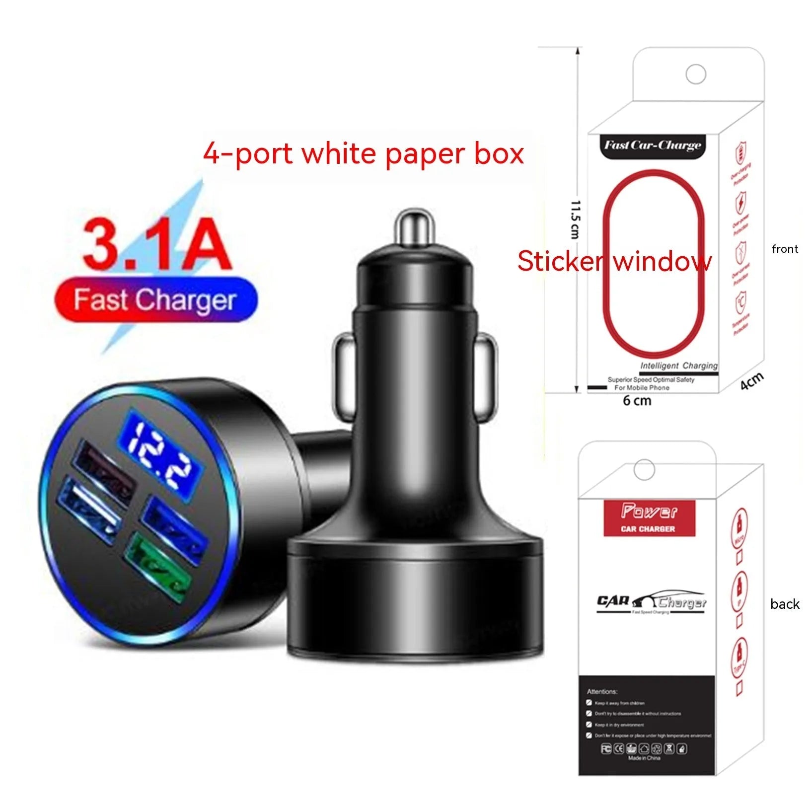 Black multi-port car charger with four USB ports and cigarette lighter plug for vehicle charging