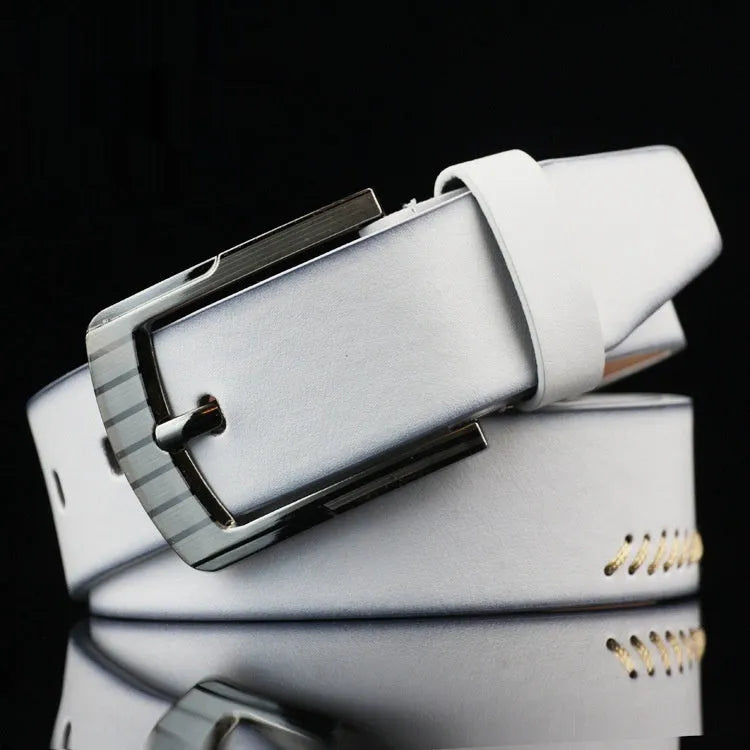 Men's retro styling pin buckle belt in black, brown, and white colour options showing pattern detailing