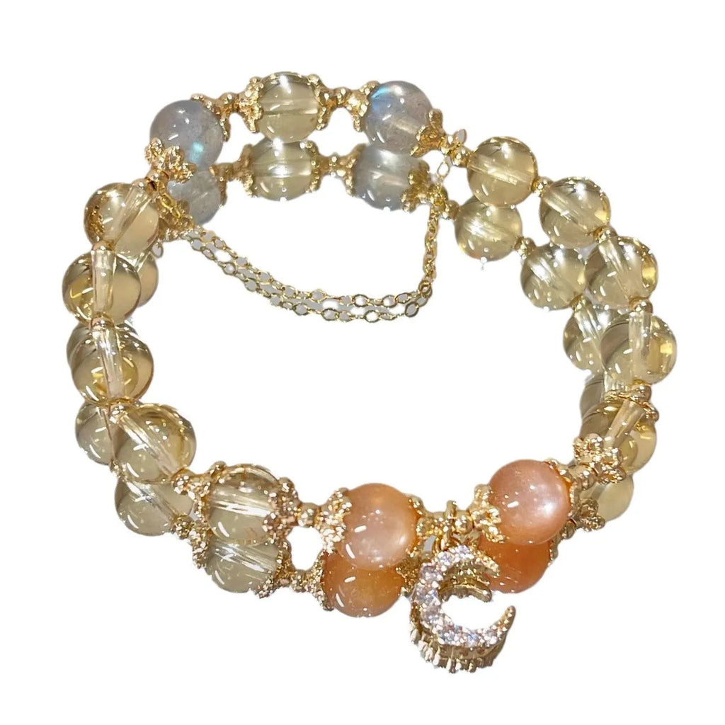 14K gold electroplated crystal bracelet with citrine moon stone and diamond-shaped charms in Chinese style