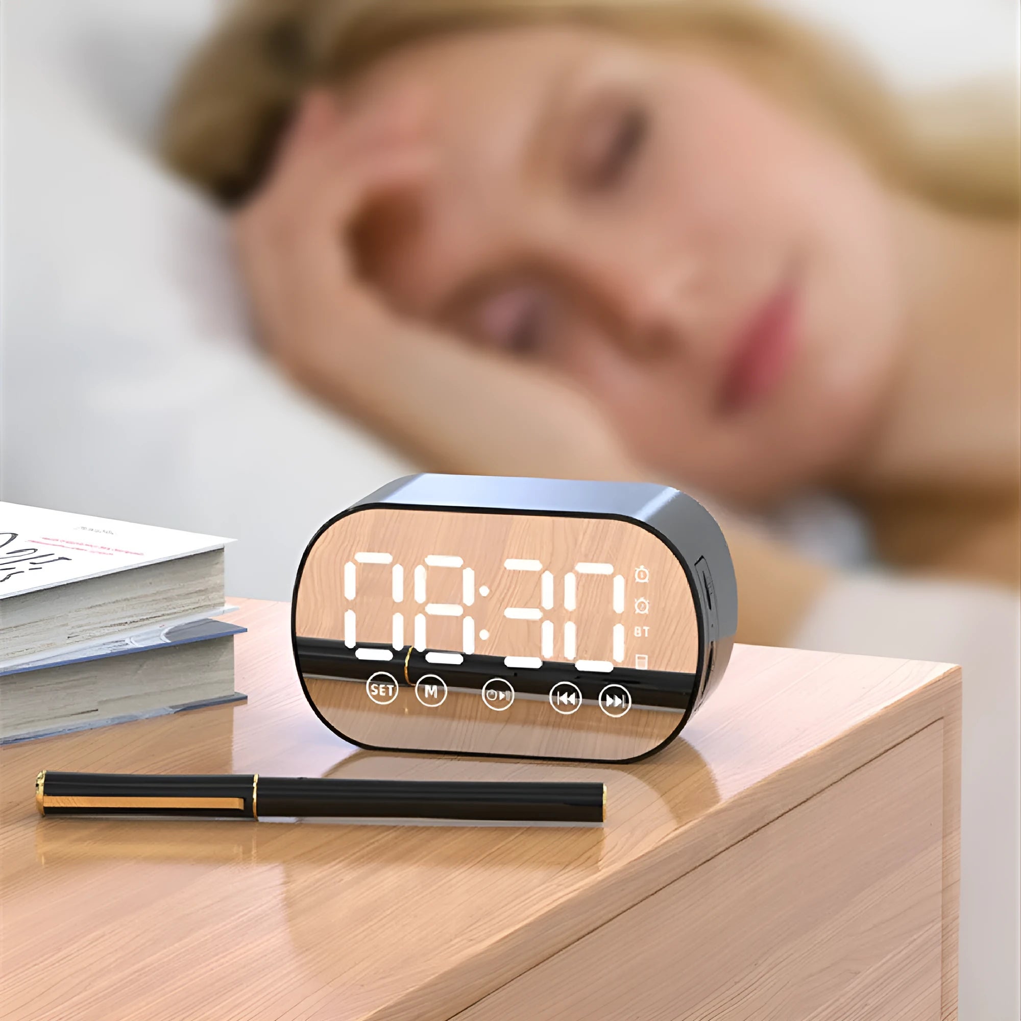 Multifunctional Wireless Bluetooth Speaker Mirror Mini with FM Radio Alarm Clock, 3W Output, 40mm Speaker, TF Card Support, USB Charging, in Black Pink White