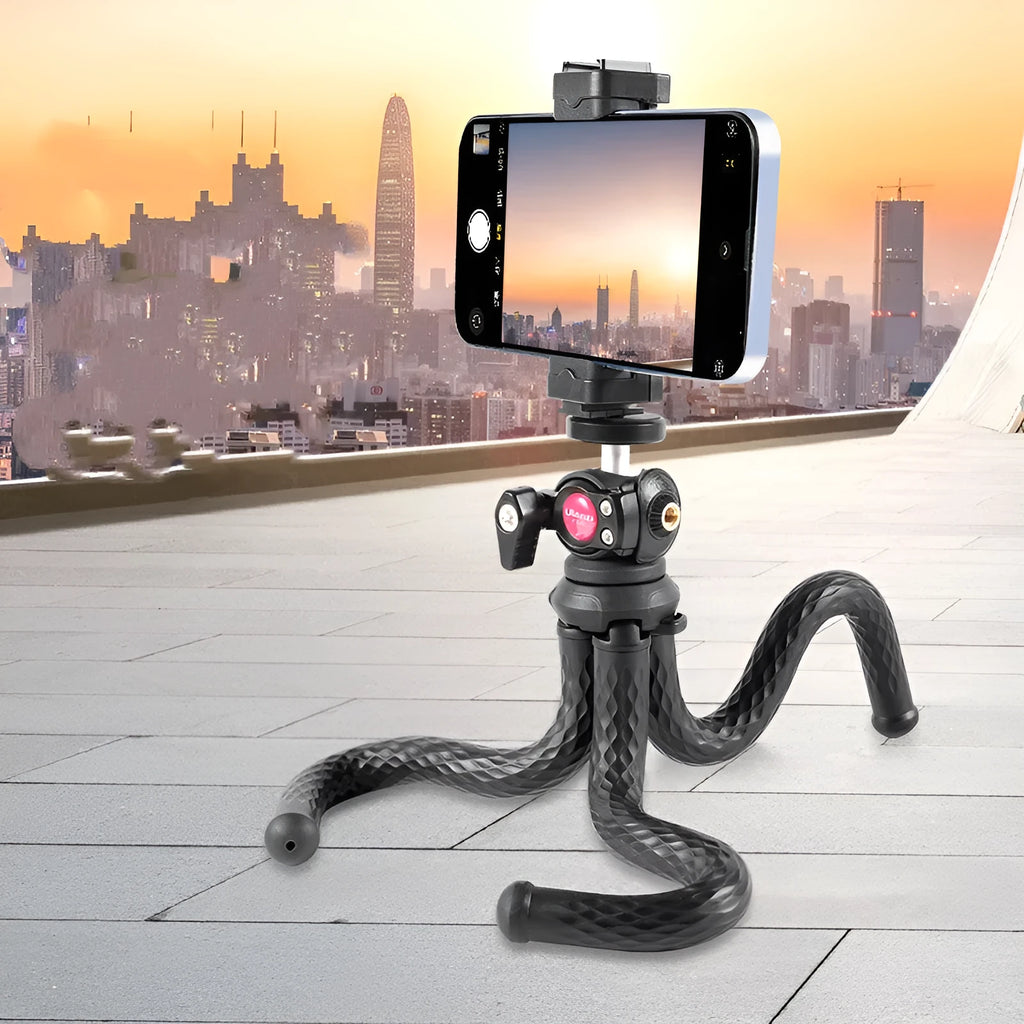 Black octopus flexible tripod with mobile phone clip extended to 360mm