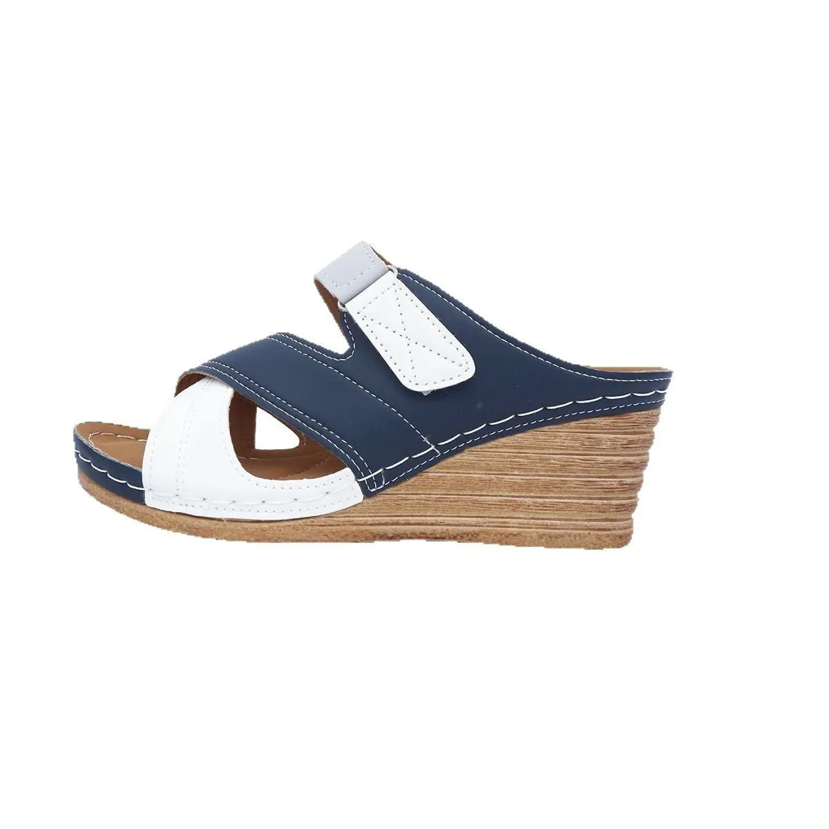 Women's wedge platform slippers with Velcro straps in a black and red colour combination, showing fish-mouth toe shape.