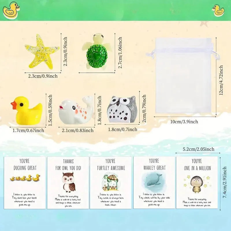 Set of resin memo cards with printed pun messages, showing different pack size options from 5 to 100 pieces.