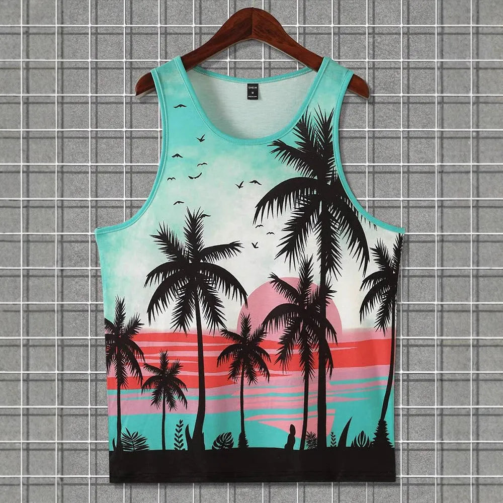 Men's 3D printed Hawaiian-style sleeveless vest t-shirt in polyester fabric
