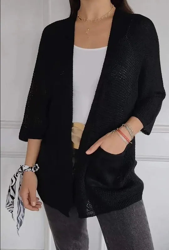 Women's thin waffle knit cardigan coat with nine-quarter sleeves and pockets in army green colour