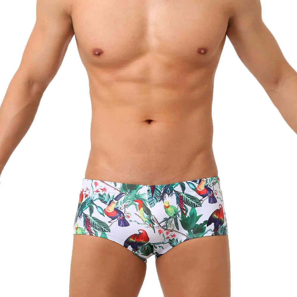 Men's flower and bird print swimming trunks in nylon boxer brief style