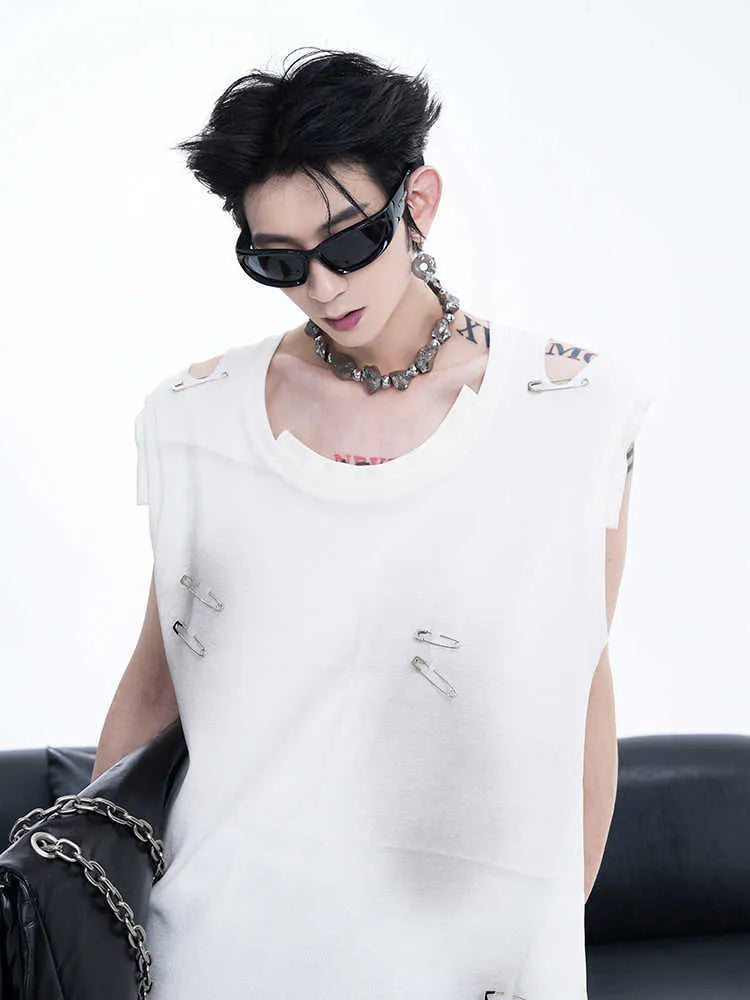 Men's black sleeveless vest waistcoat with irregular ripped cutting design detail