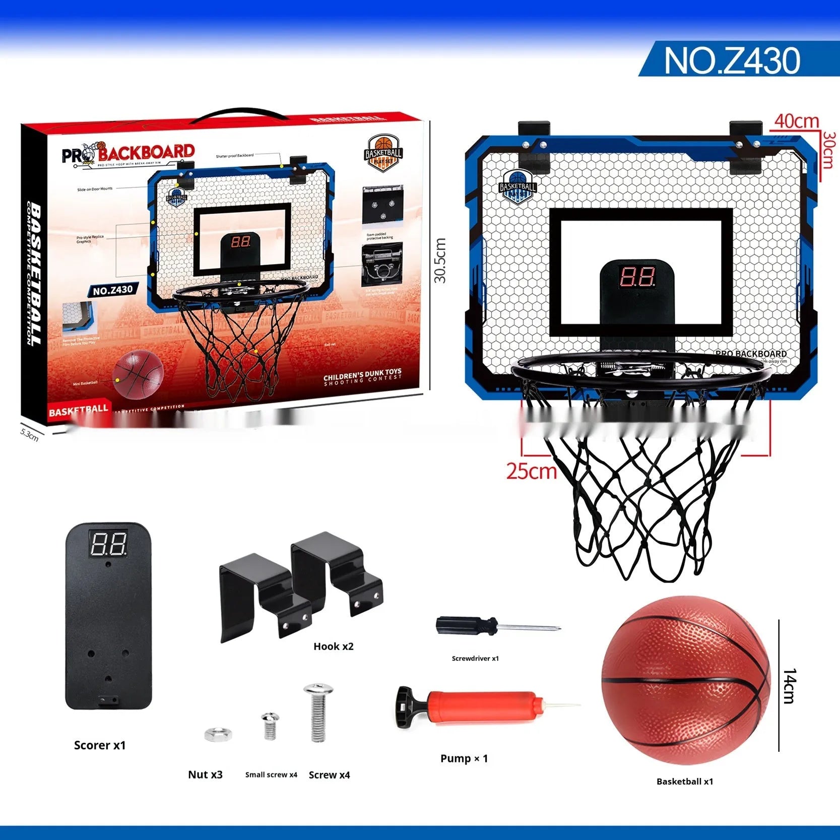 Red foldable basketball frame with suction cup base mounted on door