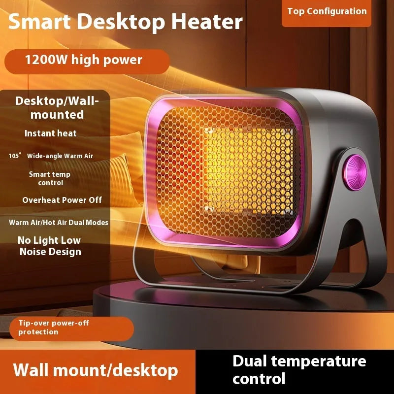 Compact white desktop ceramic heater with push buttons on a wooden desk.