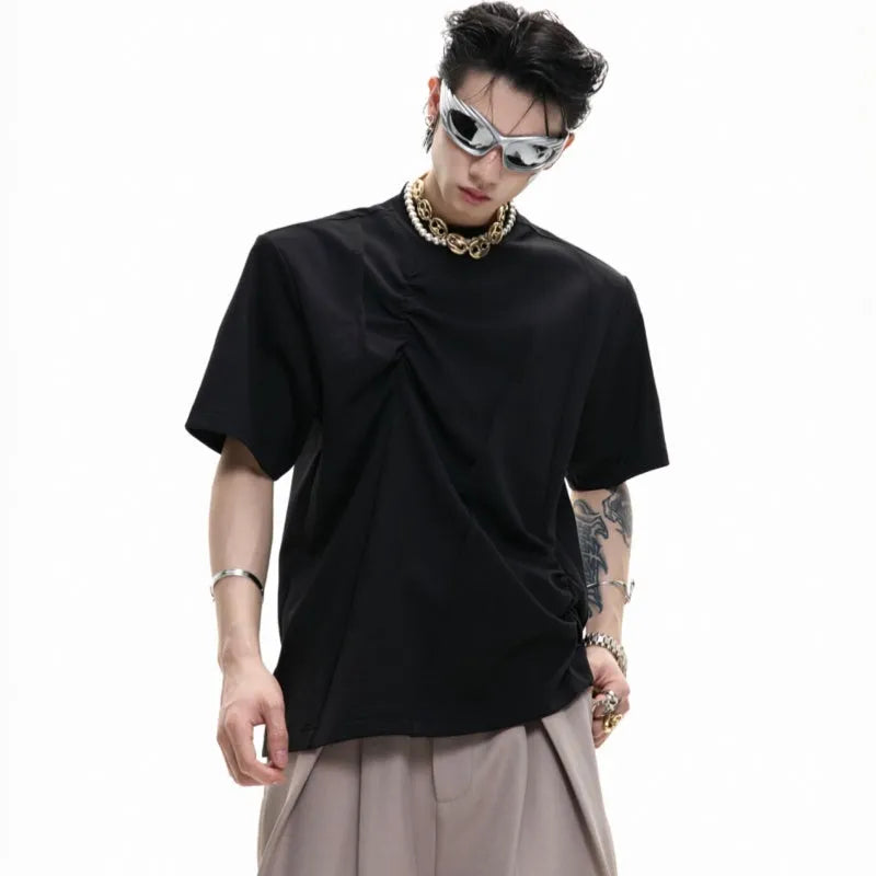 Men's loose fit grey cotton T-shirt with three-dimensional pleated detail on the front.
