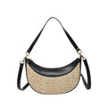 Woven straw dumpling-shaped crossbody bag with adjustable shoulder strap and internal organisational compartments