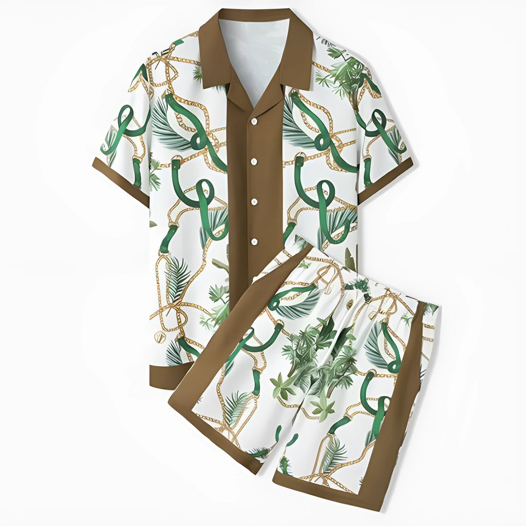 Plaid pattern beach shirt and trousers outfit set in polyester fabric