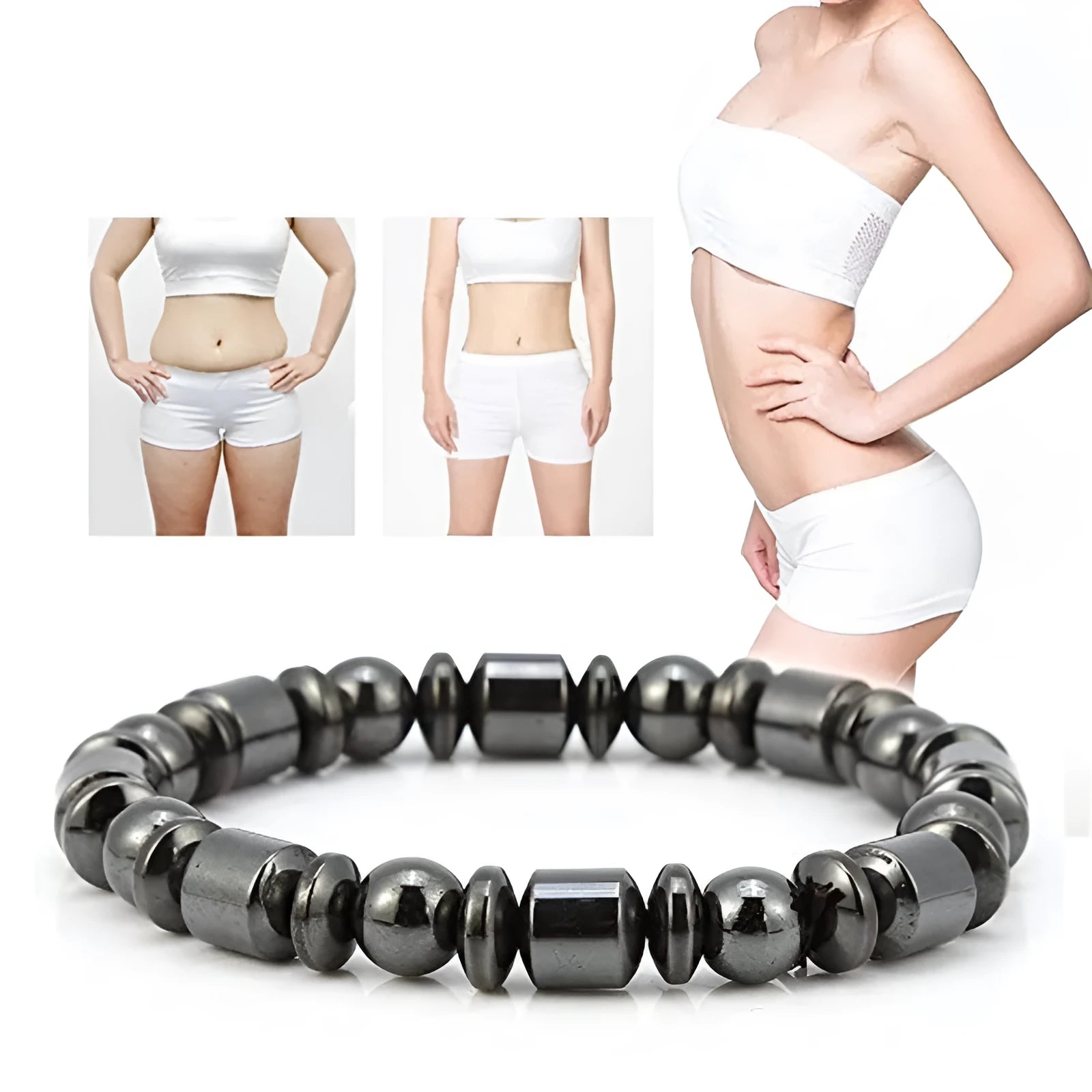 Black pentagram stone magnetic therapy bracelet with stretch fit on a wrist.