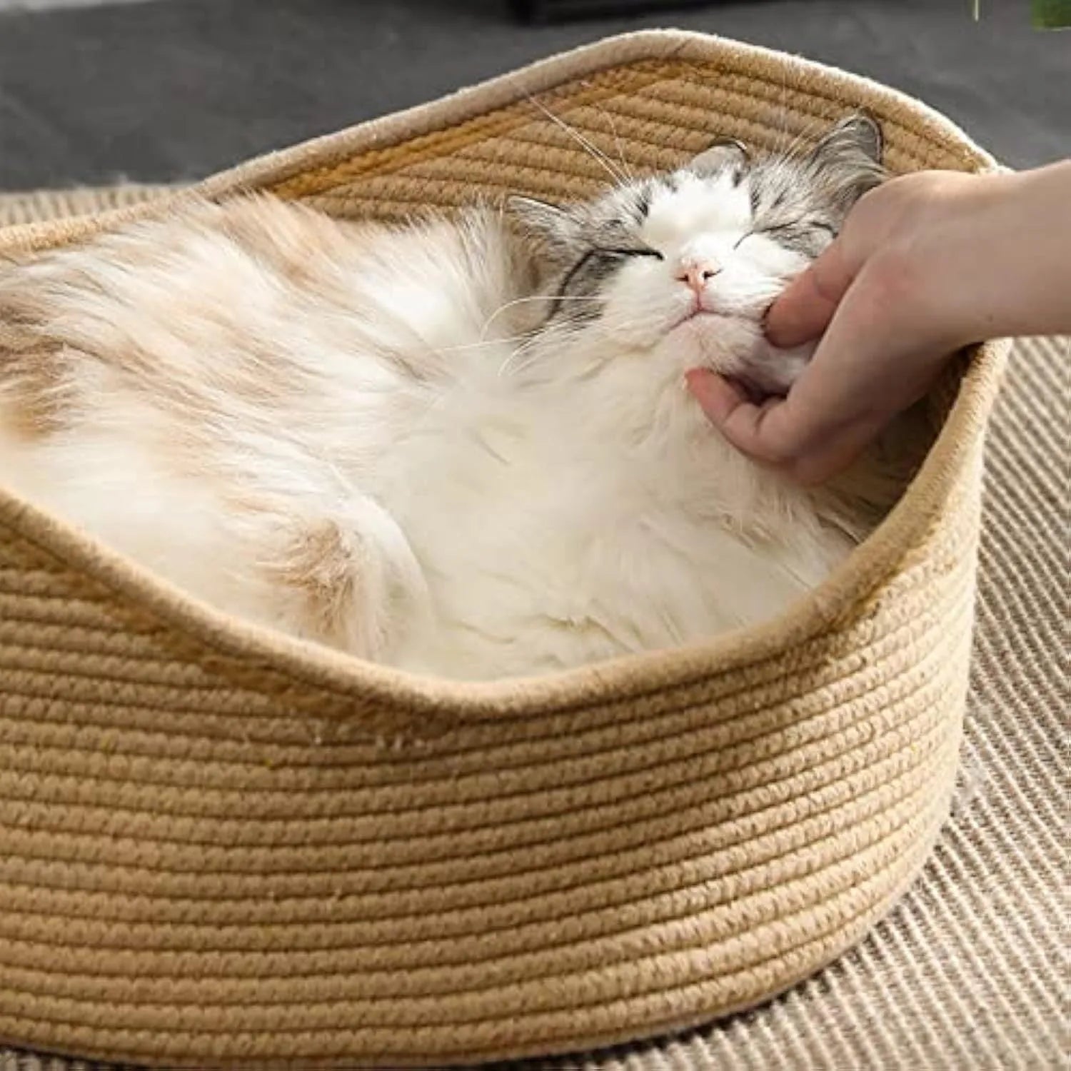 Wicker-style cat bed basket with a corrugated scratching board inside.