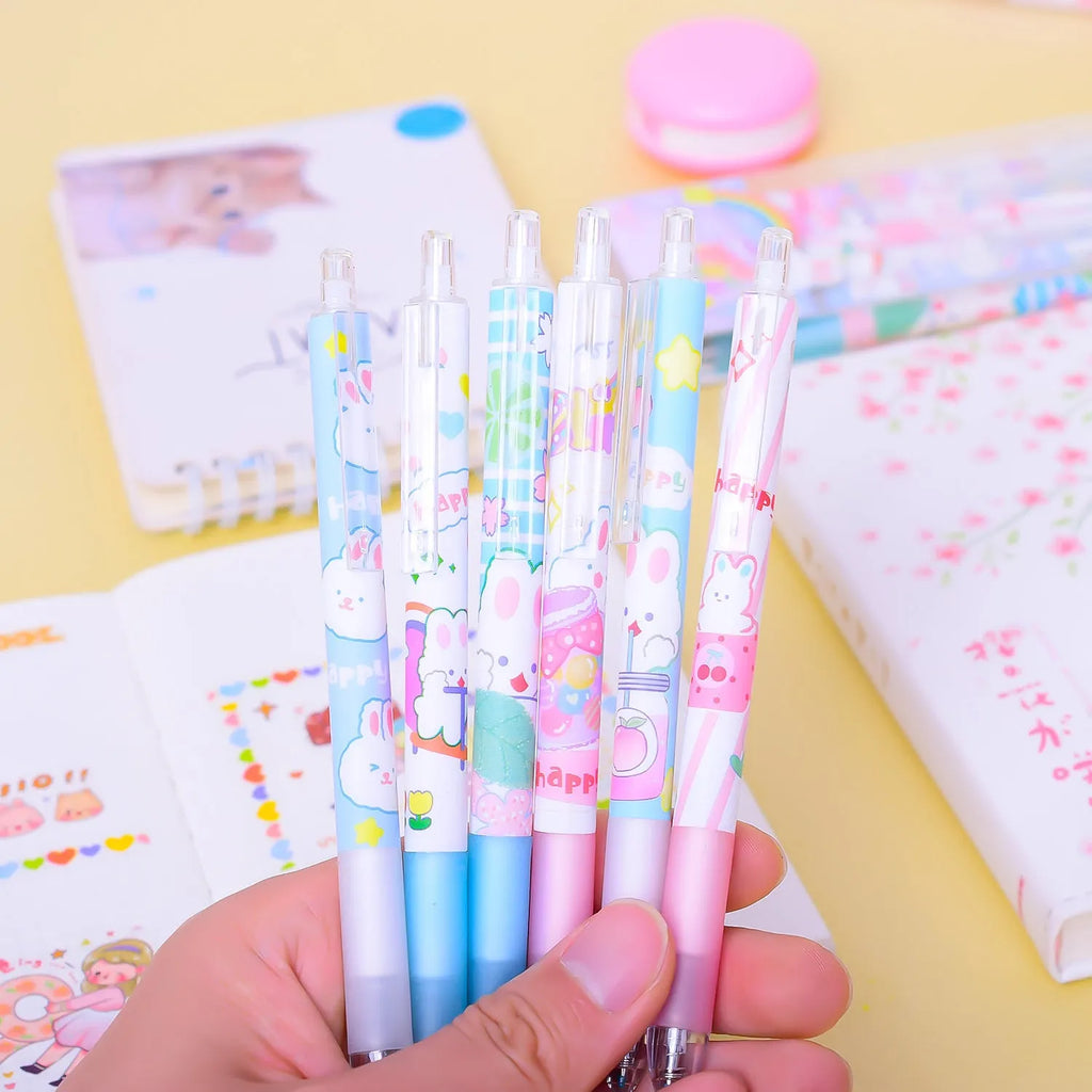 Six cartoon bunny design gel pens with 0.5mm tips and black ink displayed together