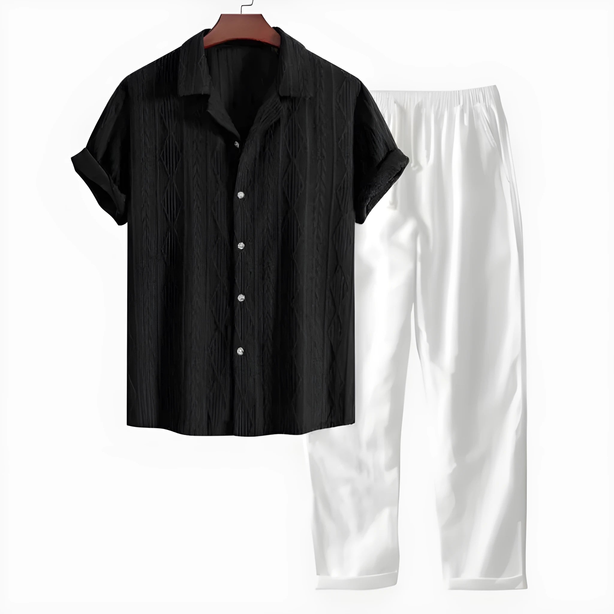 Men's slim fit camouflage print casual suit with short sleeve shirt and trousers on a hanger.