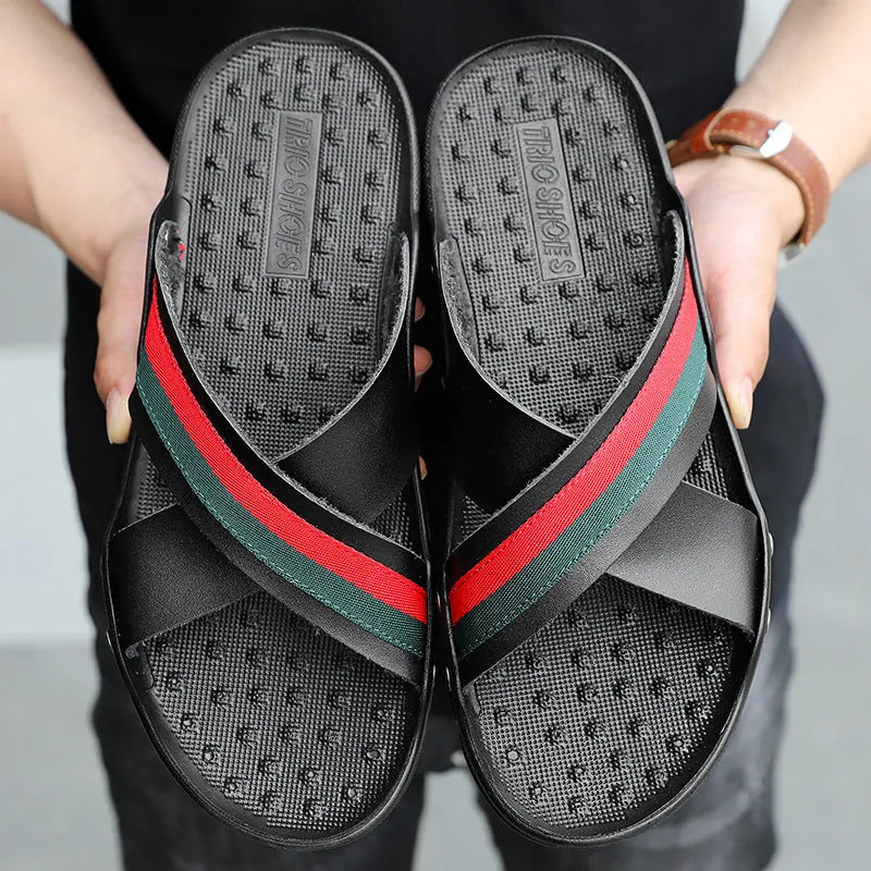 Men's cowhide leather beach sandals in white, shown from the side on a plain background.