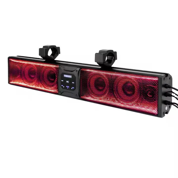26-inch black plastic Bluetooth audio belt soundbar for mounting on a golf cart or ATV.