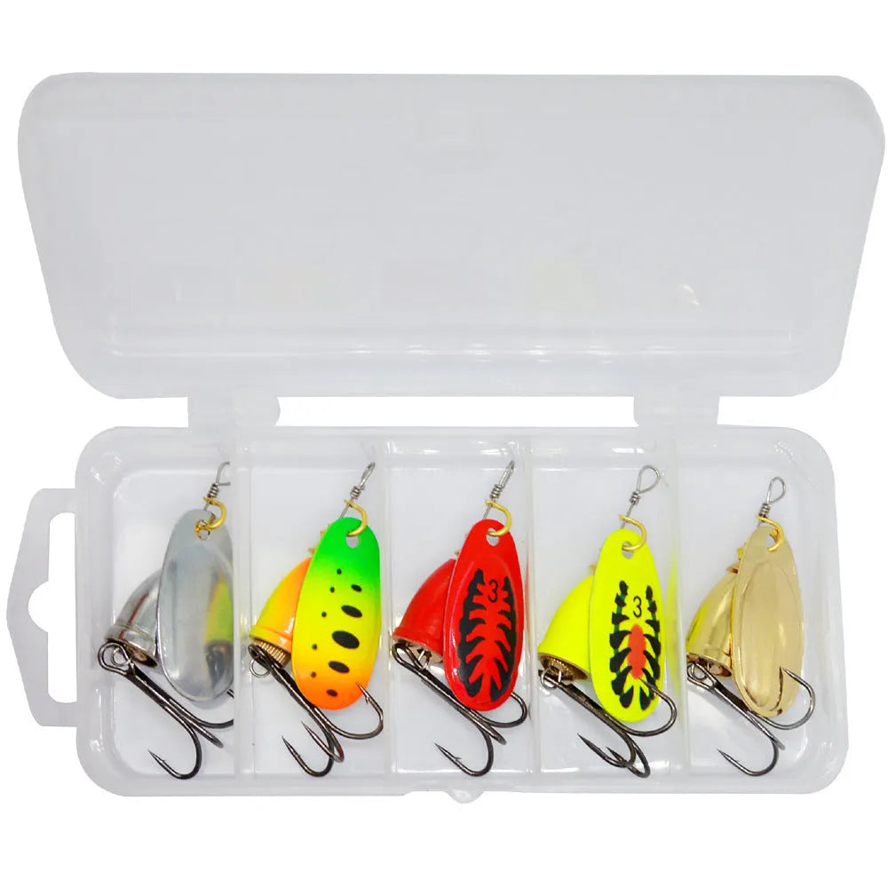 R Composite Rotating Sequins Copper Bell metal fishing lure in multiple colours including yellow green, gold, red, and silver.