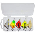 R Composite Rotating Sequins Copper Bell metal fishing lure in multiple colours including yellow green, gold, red, and silver.