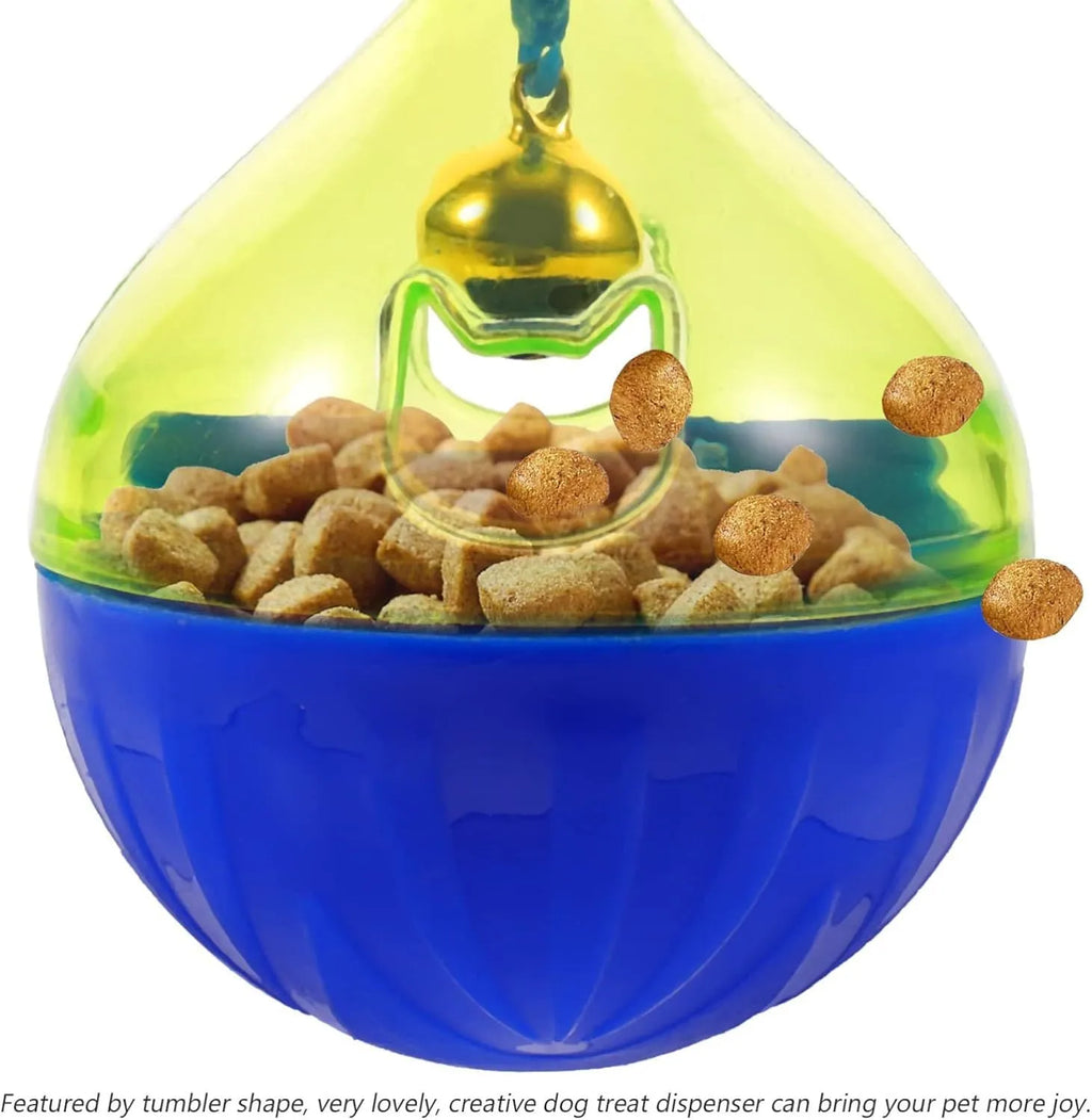 Blue interactive pet treat dispenser tumbler ball for dogs and cats on a wooden floor