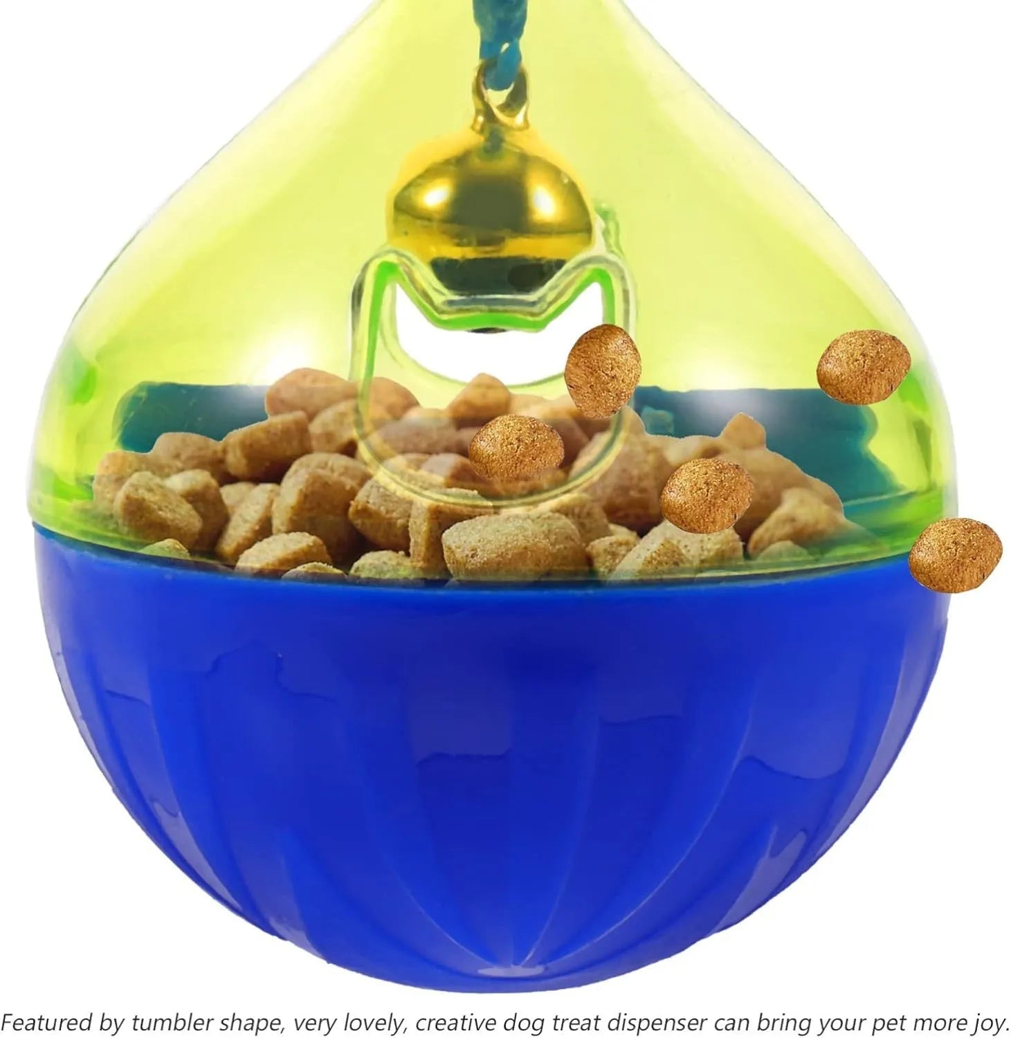 Blue interactive pet treat dispenser tumbler ball for dogs and cats on a wooden floor