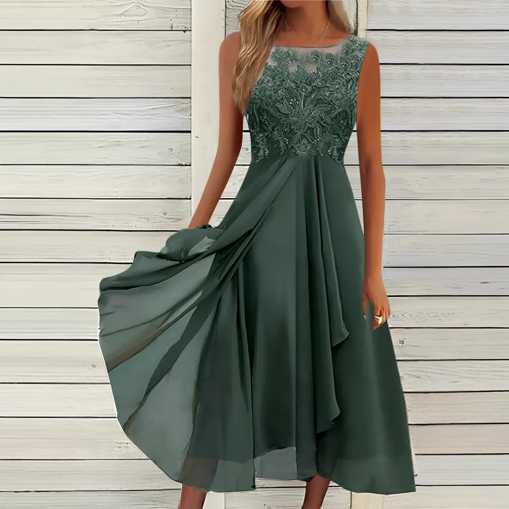 Women's sleeveless green chiffon dress with lace hollow-out detail and a mid-length flared skirt.