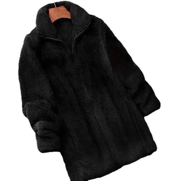 Double-sided velvet fleece jacket in black, navy blue and khaki colours showing front view