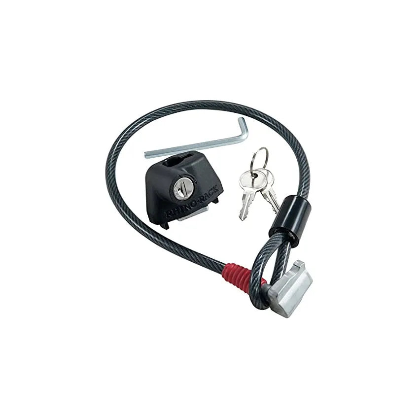Roof platform steel cable lock with plastic sheath securing equipment