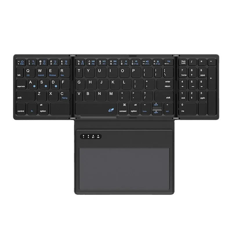 Black leather folding Bluetooth keyboard displayed against white background, folded and unfolded