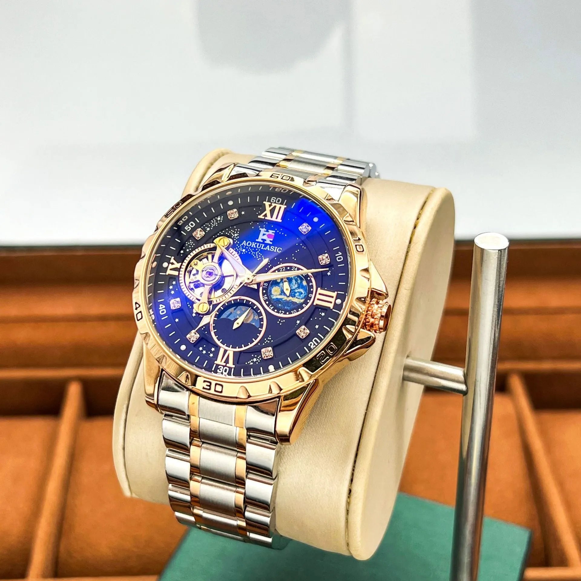 Men's automatic mechanical watch with rose gold case and black dial
