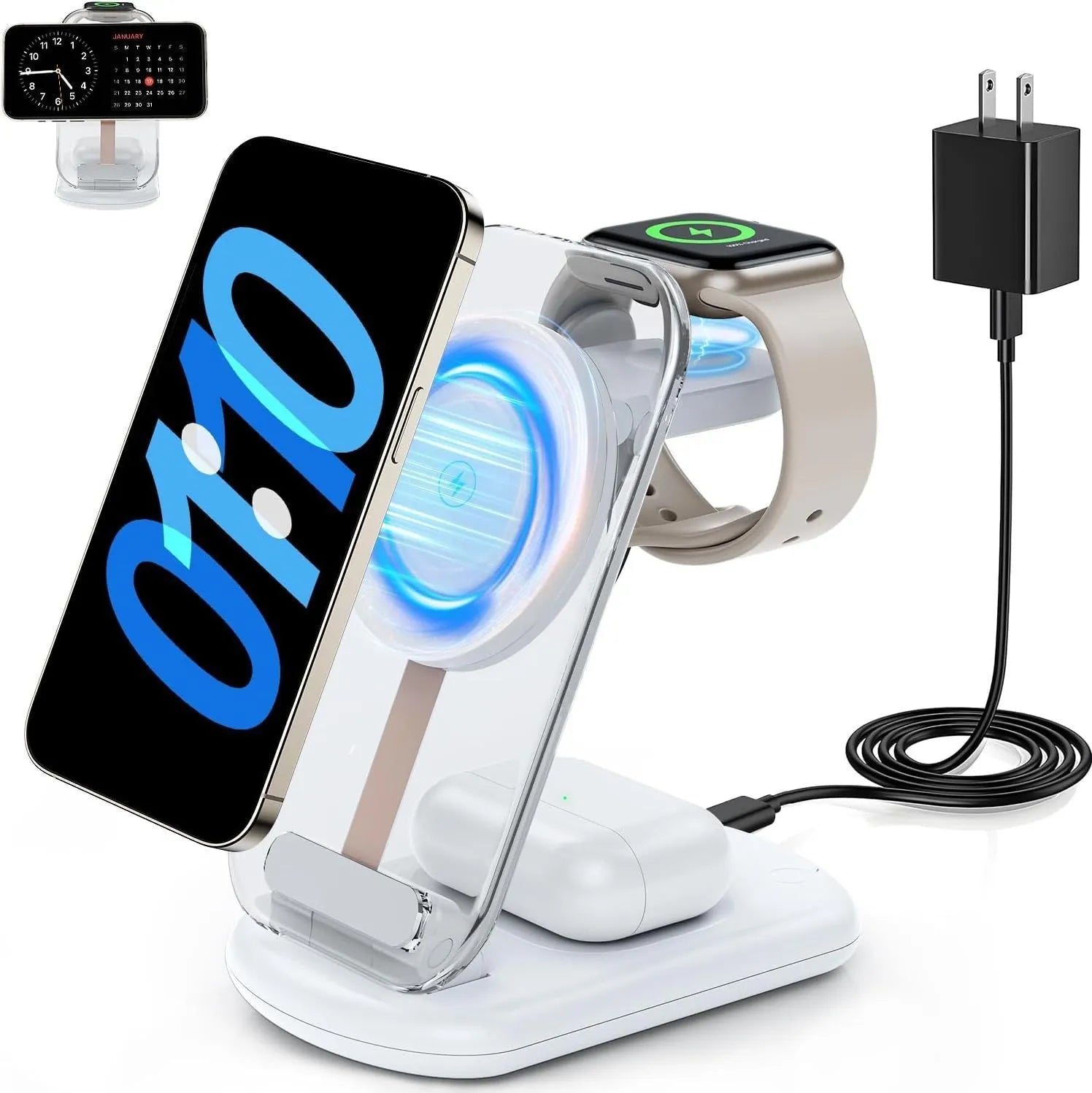 Transparent folding magnetic wireless charger showing internal components with black and white colour options