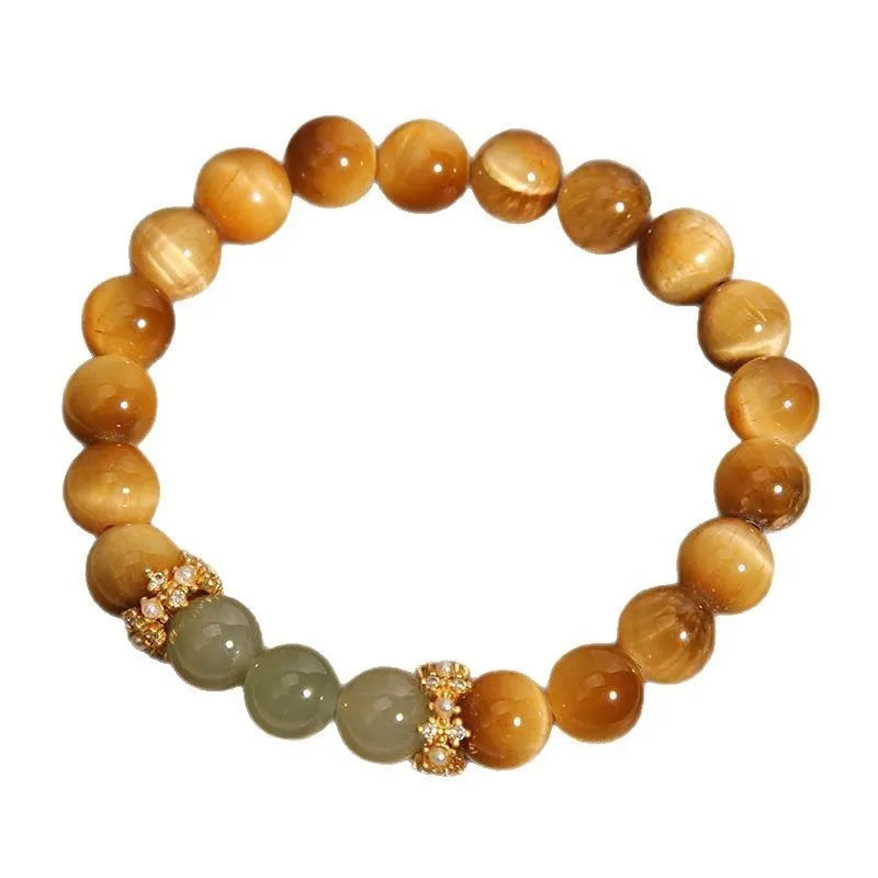 Natural yellow Tiger's Eye stone bracelet in U-shape with auspicious patterns, shown in golden gourd, bamboo joint, and lace styles.