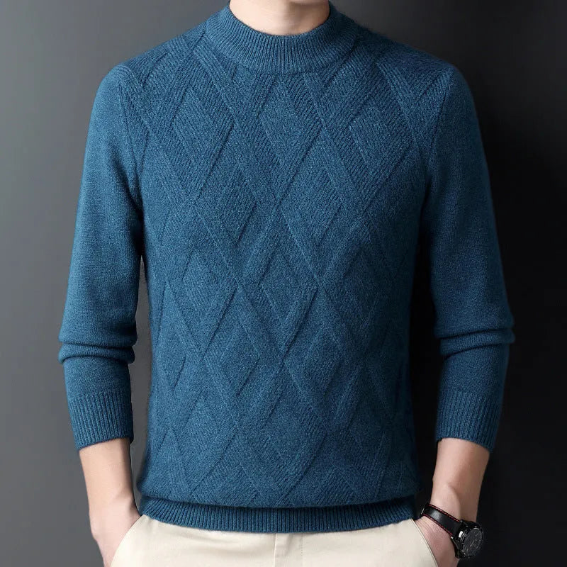 Men's plus size winter thermal pullover sweater with diamond jacquard pattern in light camel colour